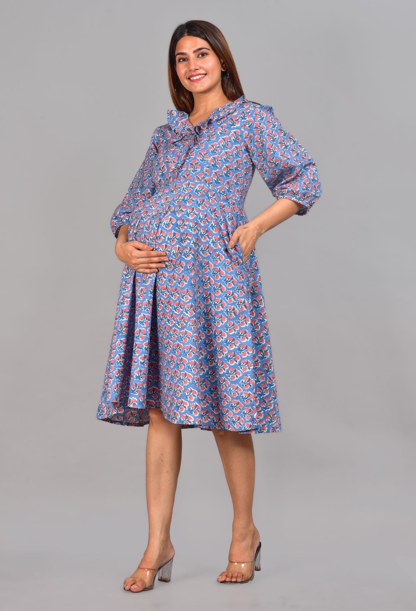 Lavendar Printed Cotton Maternity Dress with Feeding Zip