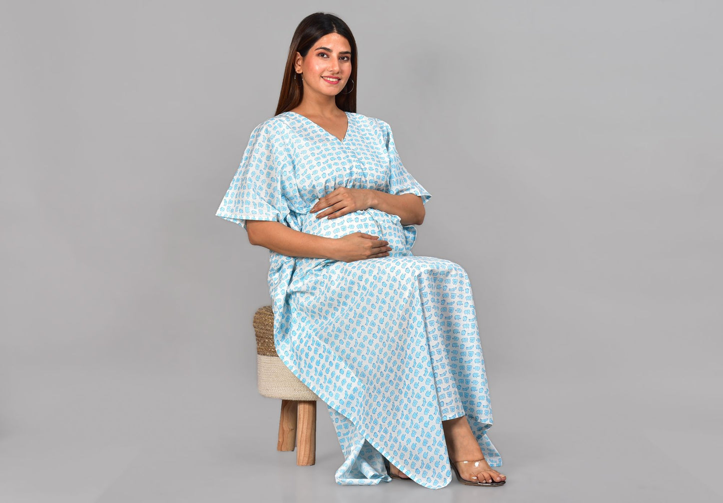 Blue Elephant Printed Cotton Maternity Nursing Kaftan