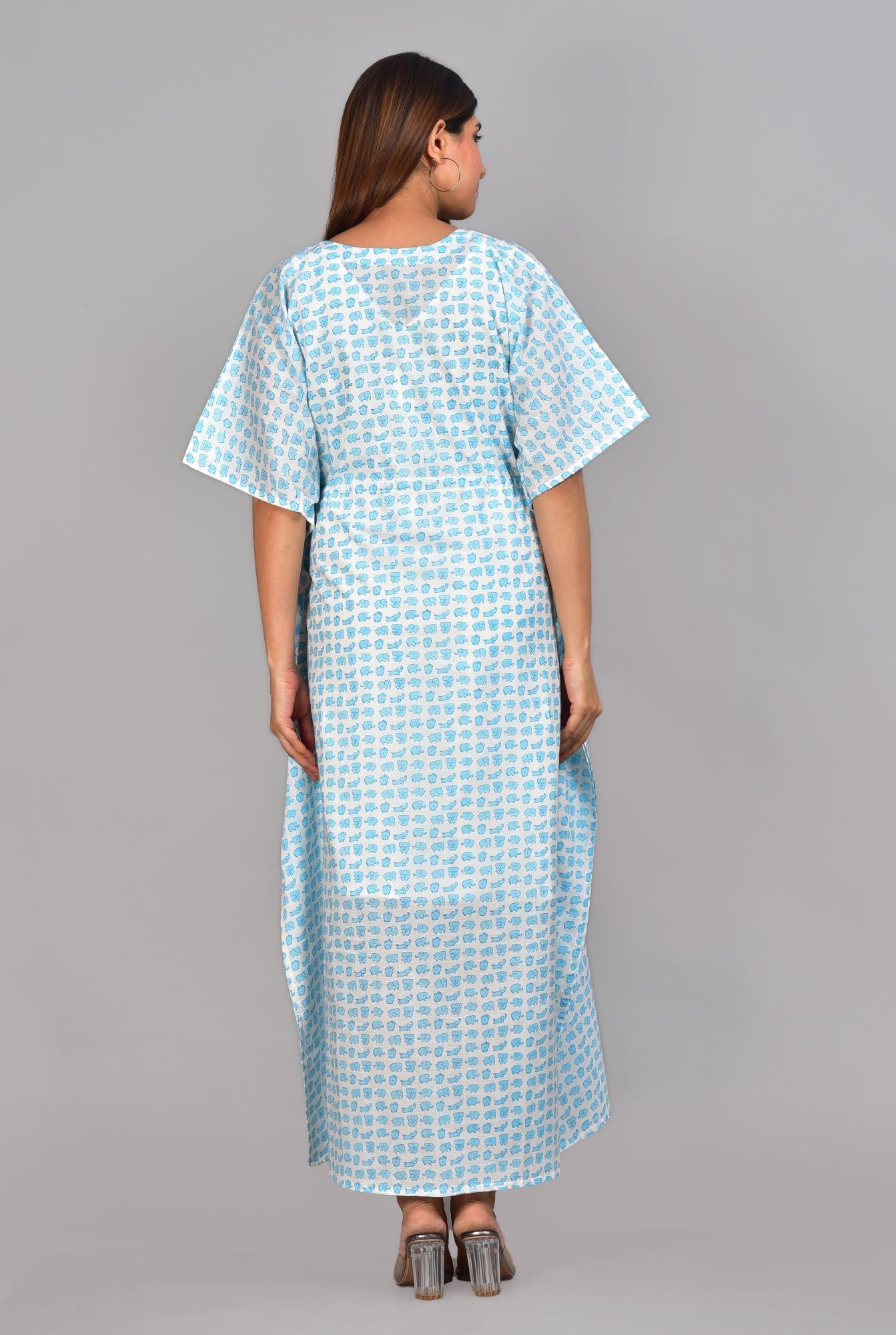 Blue Elephant Printed Cotton Maternity Nursing Kaftan