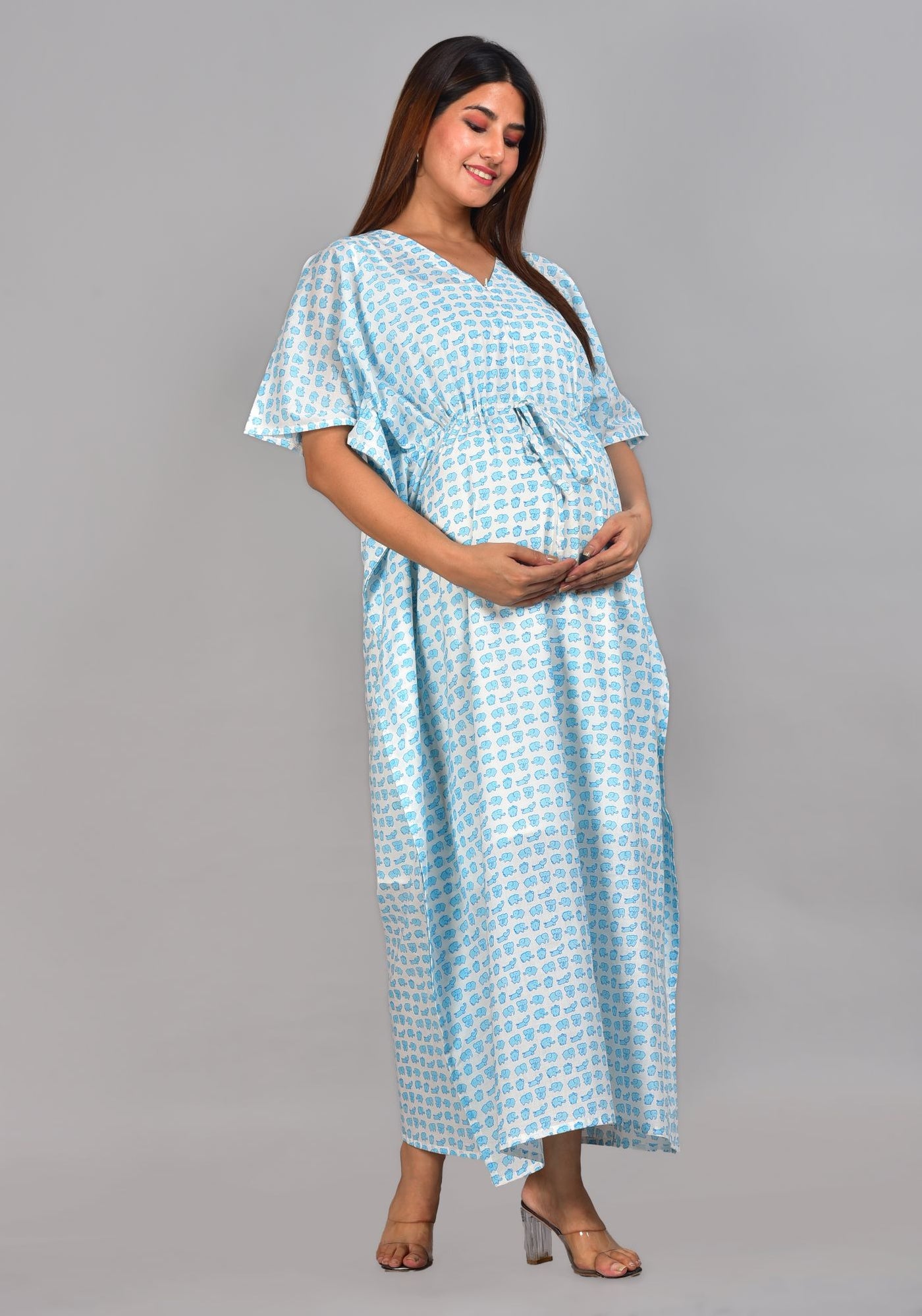 Blue Elephant Printed Cotton Maternity Nursing Kaftan