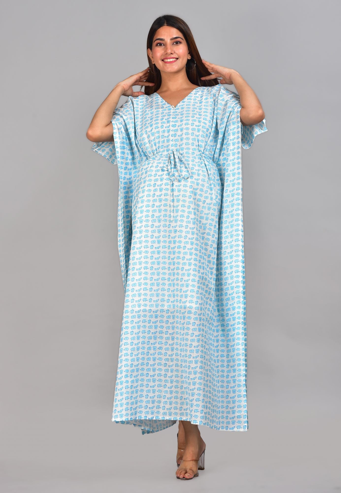 Blue Elephant Printed Cotton Maternity Nursing Kaftan