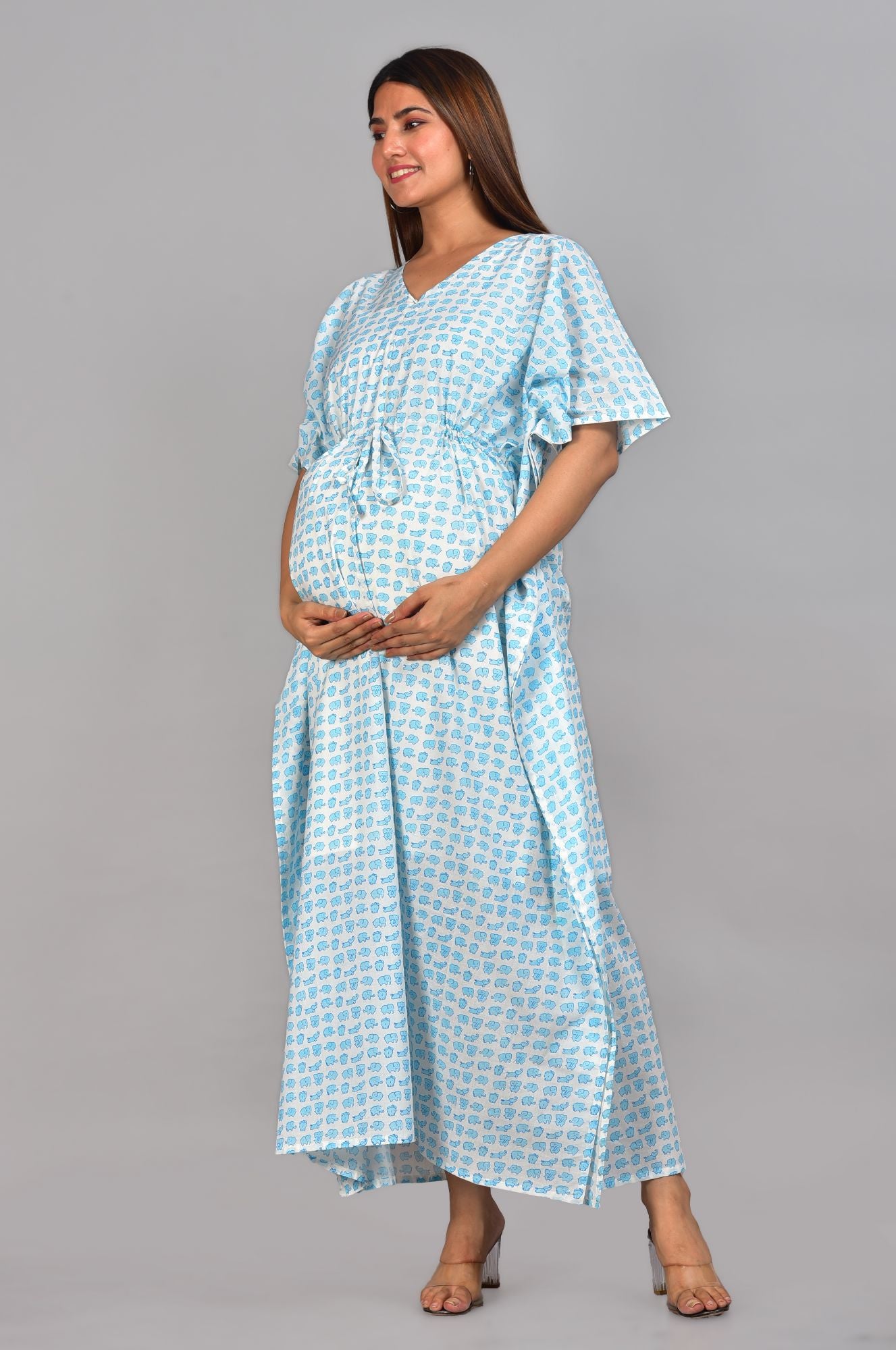 Blue Elephant Printed Cotton Maternity Nursing Kaftan