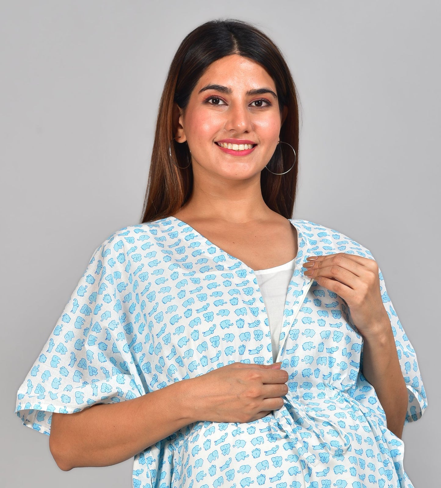 Blue Elephant Printed Cotton Maternity Nursing Kaftan