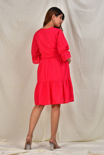 Solid Red Maternity Short Dress For Feeding