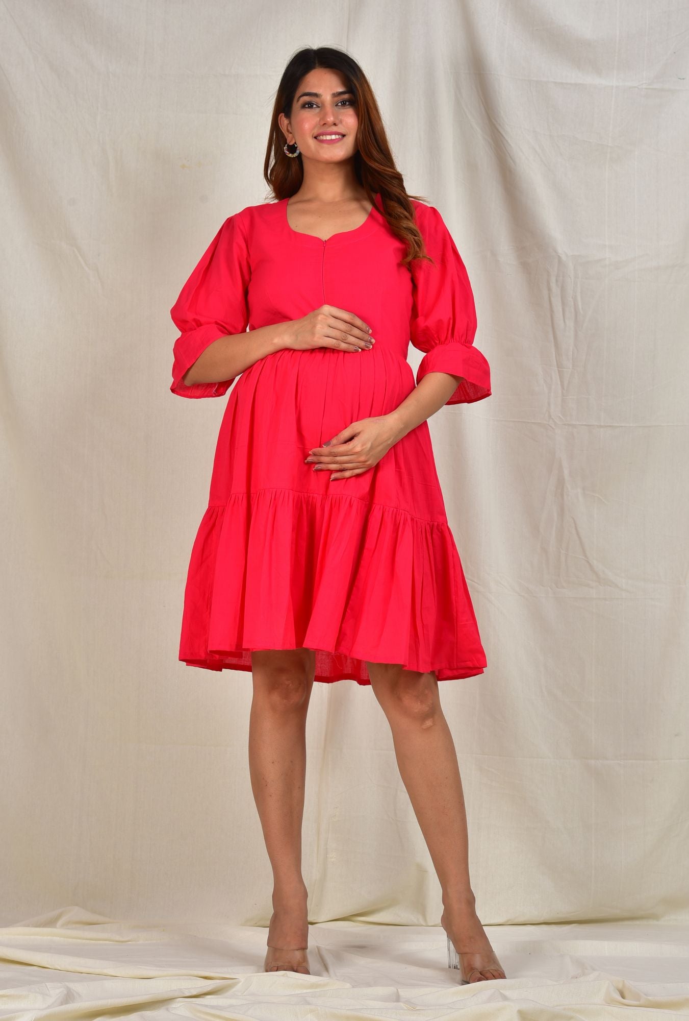 Solid Red Maternity Short Dress For Feeding