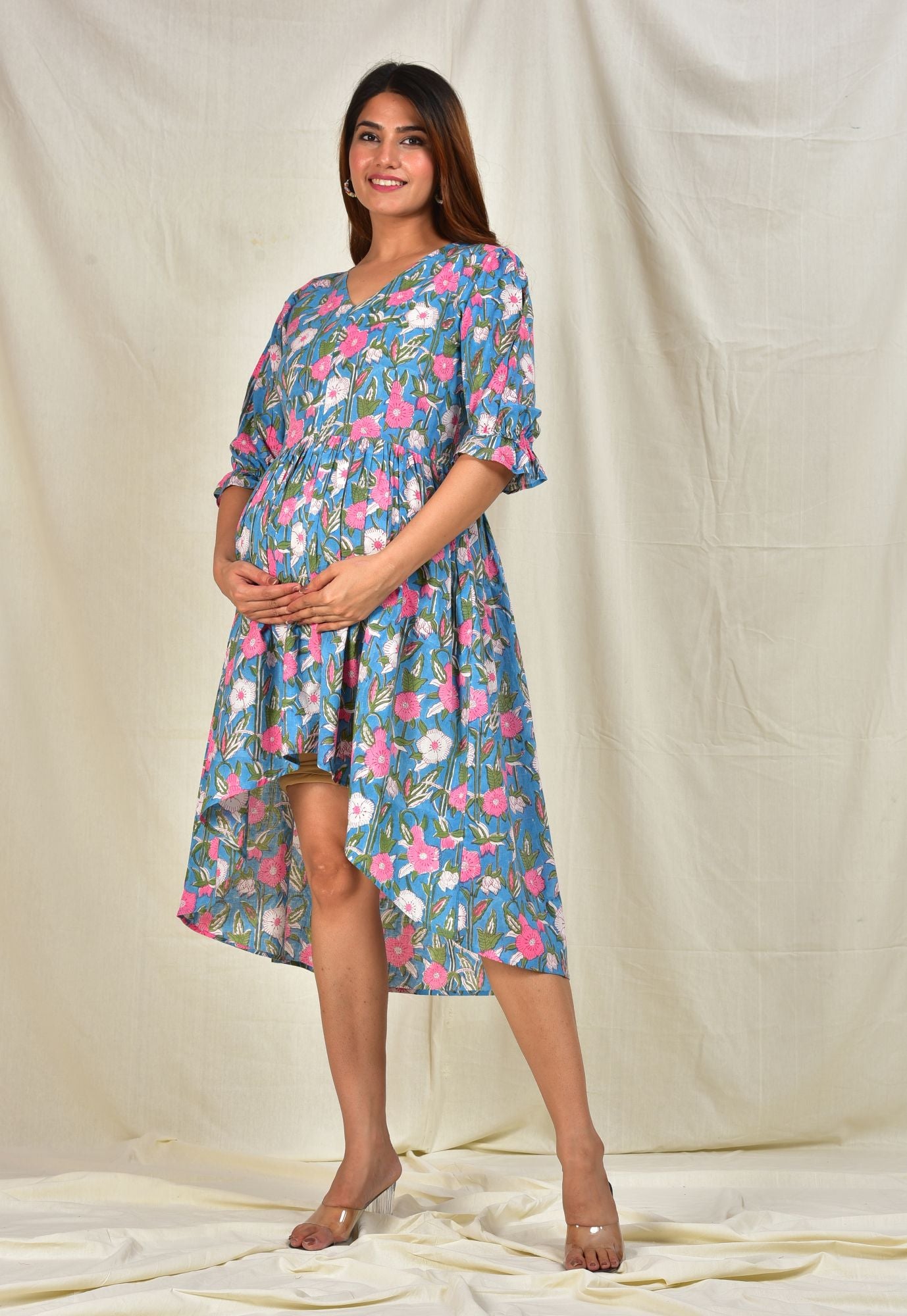 Flower Printed Cotton Maternity Long Short Dress