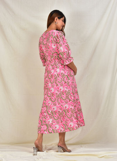 Pink Floral Printed Cotton Maternity Feeding Dress