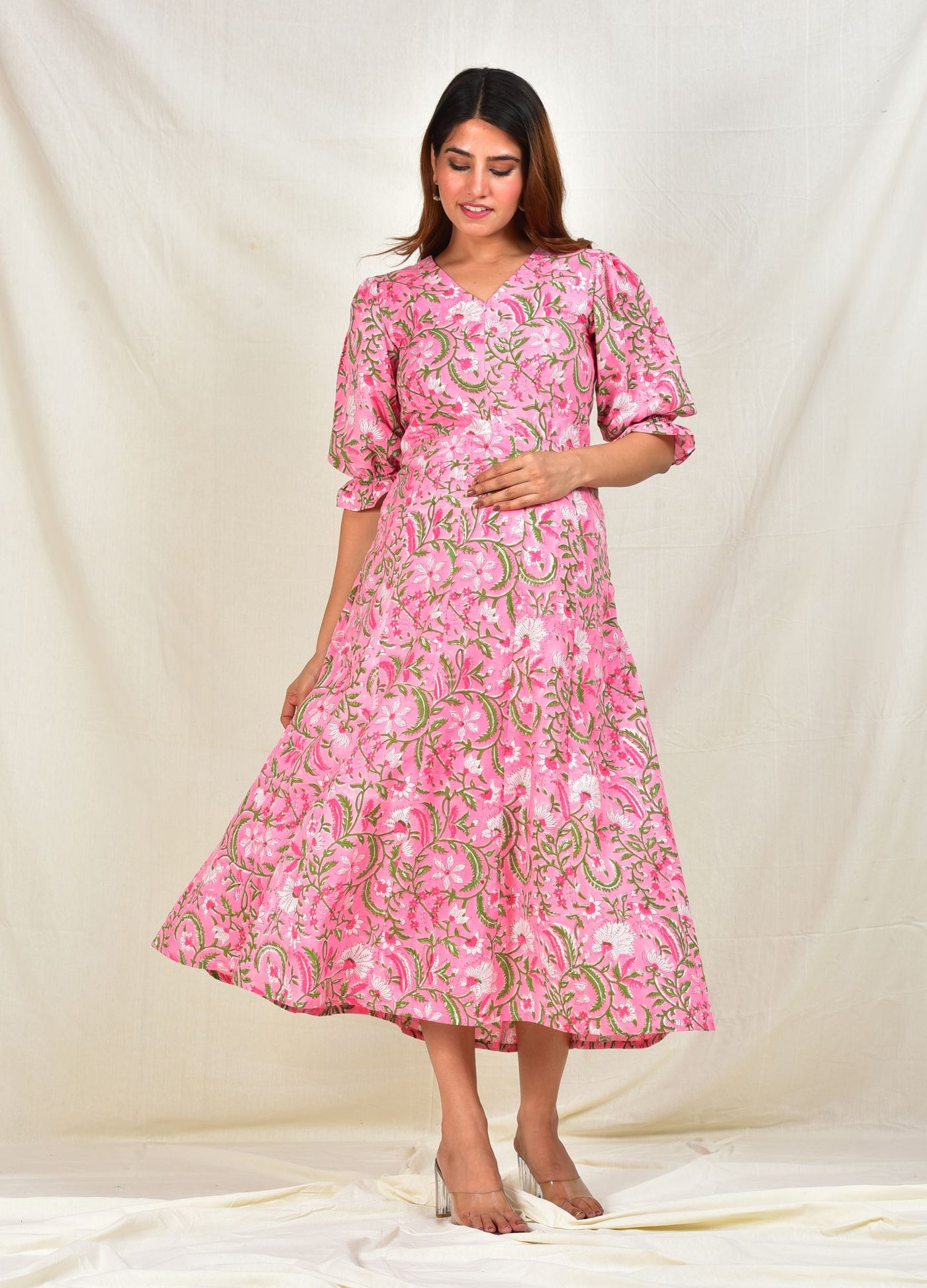 Pink Floral Printed Cotton Maternity Feeding Dress