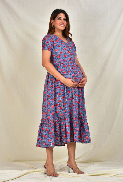 Purple Floral Printed Cotton Maternity Feeding Dress with Zip