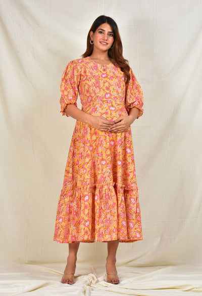 Floral Printed Twin Zip Cotton Maternity Feeding Dress