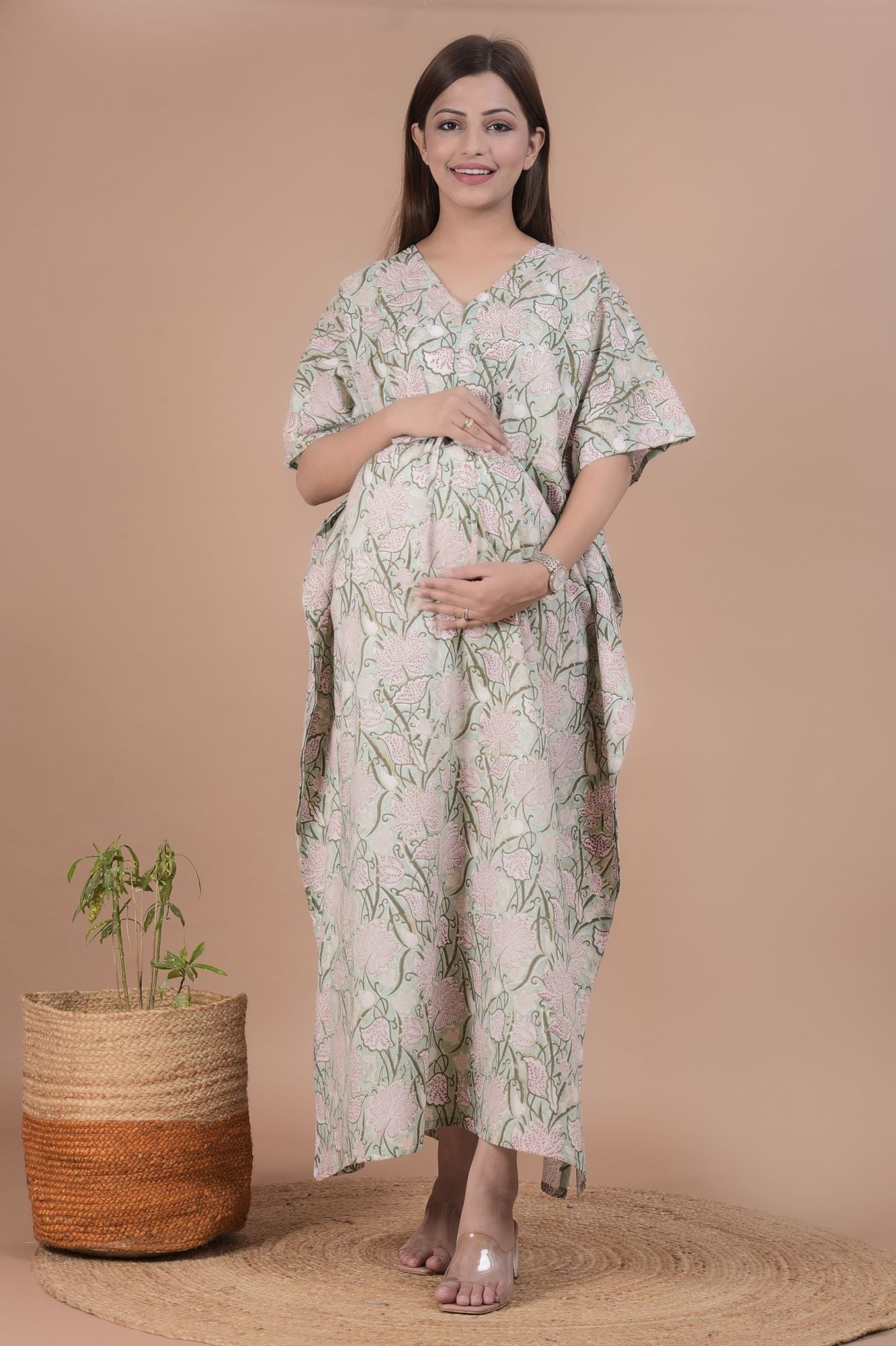 Flower Handblock Cotton Maternity Kaftan Dress