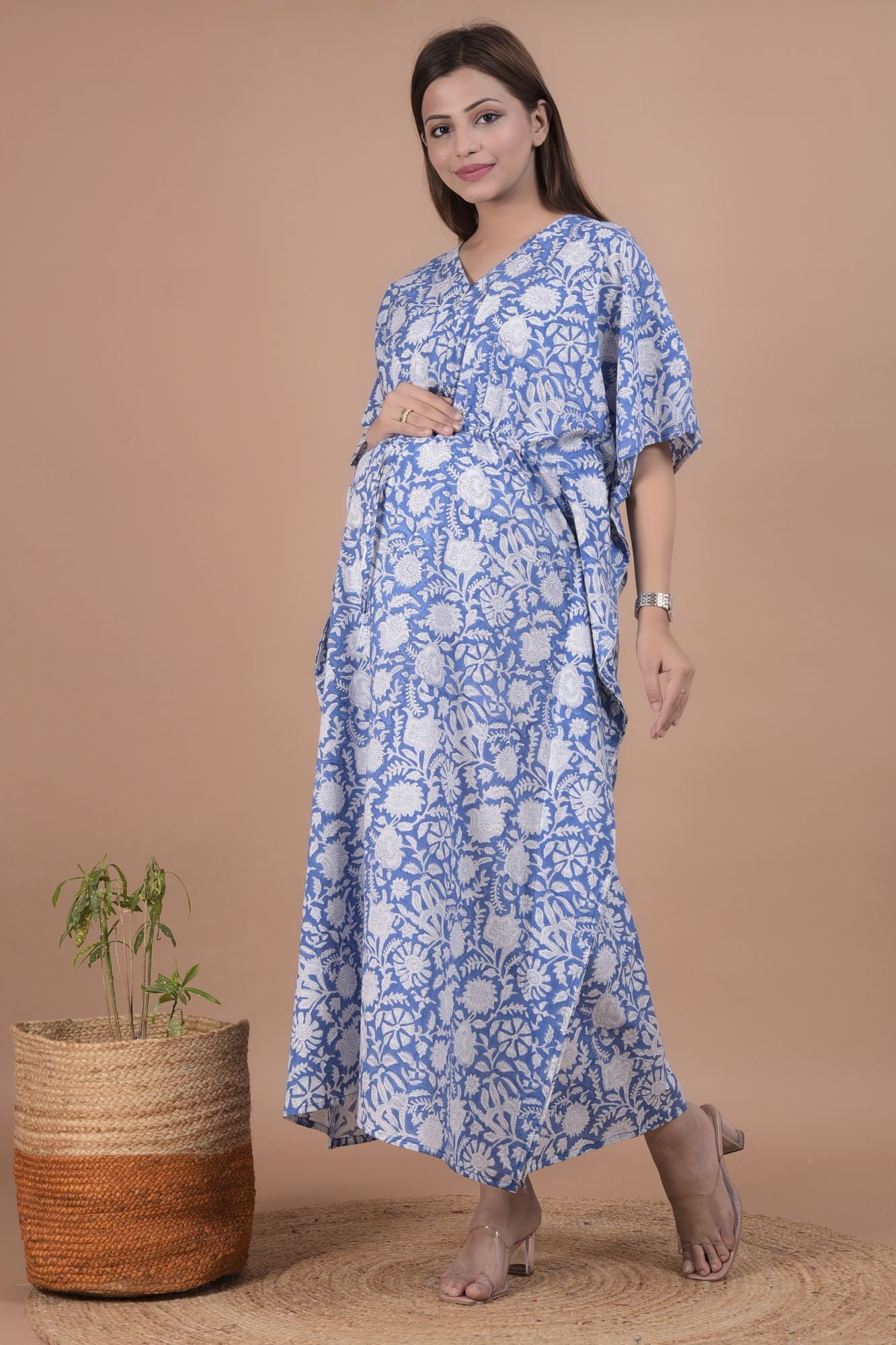 Blue Floral Printed Cotton Maternity Nursing Kaftan