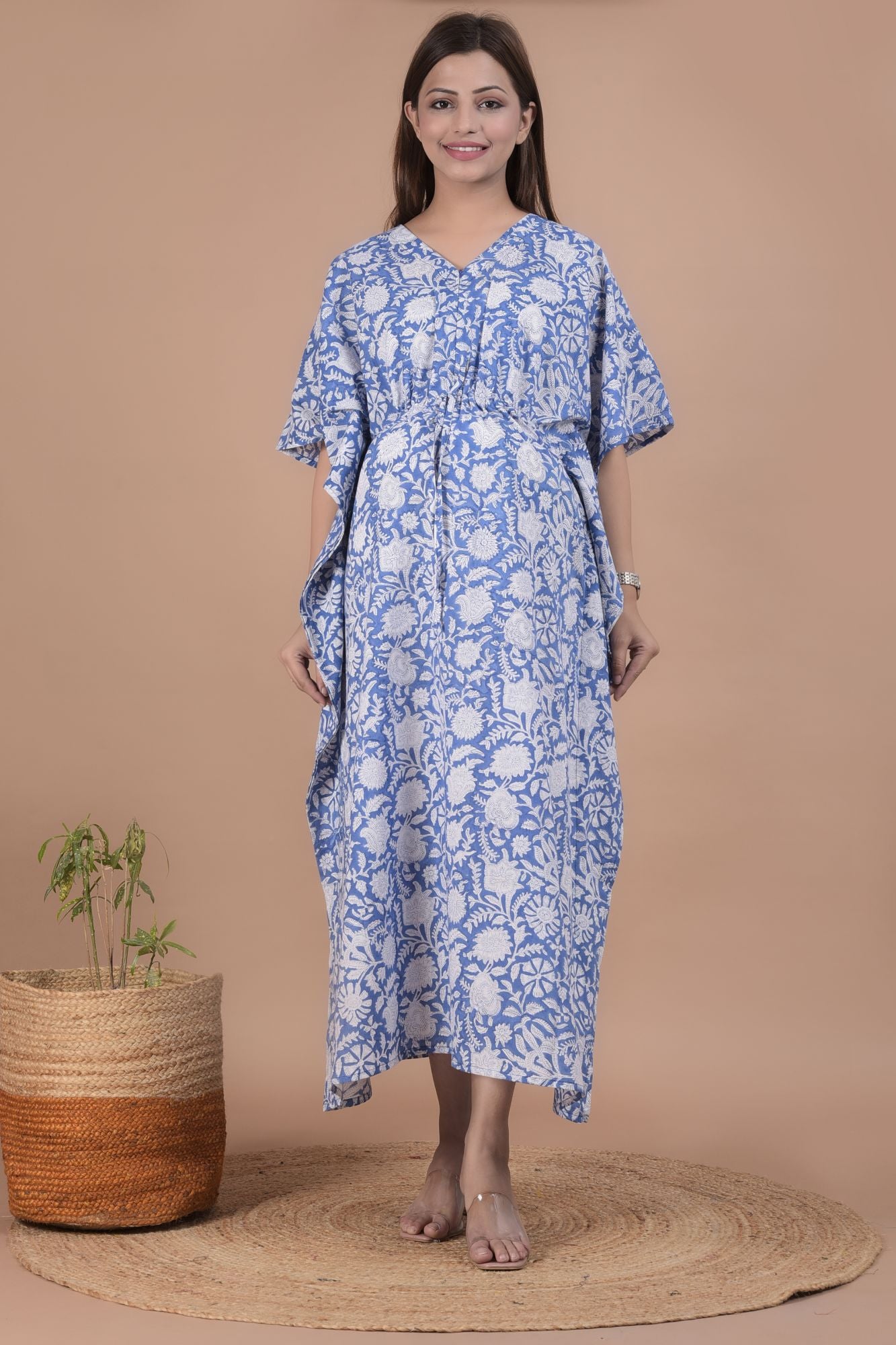 Blue Floral Printed Cotton Maternity Nursing Kaftan