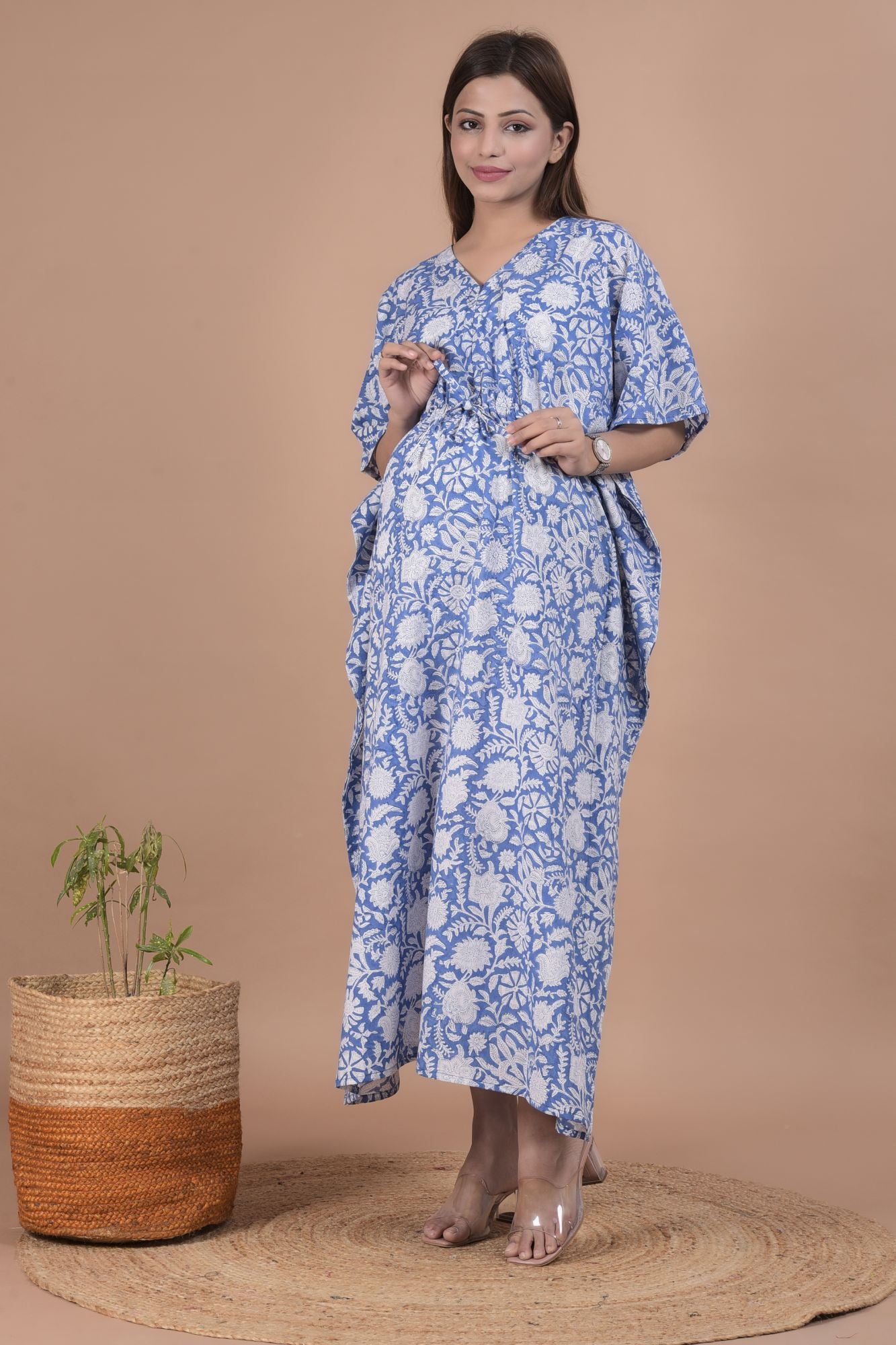 Blue Floral Printed Cotton Maternity Nursing Kaftan