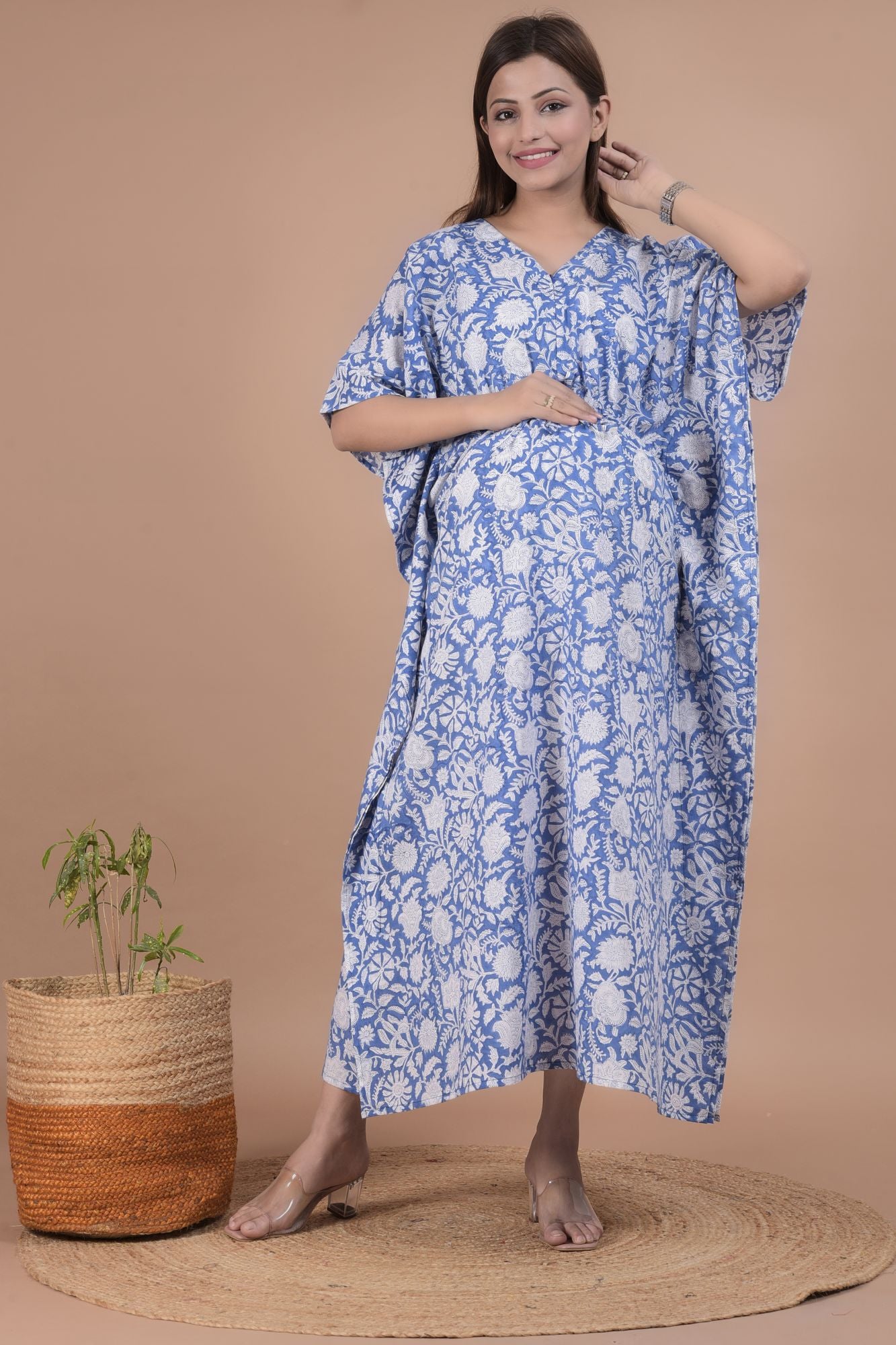 Blue Floral Printed Cotton Maternity Nursing Kaftan