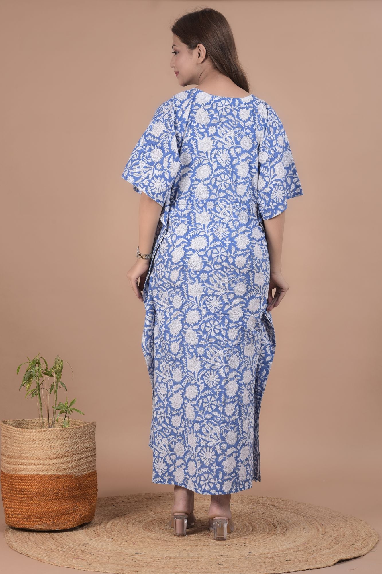 Blue Floral Printed Cotton Maternity Nursing Kaftan