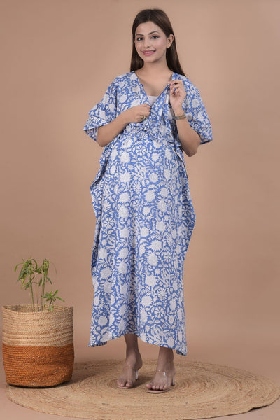 Blue Floral Printed Cotton Maternity Nursing Kaftan