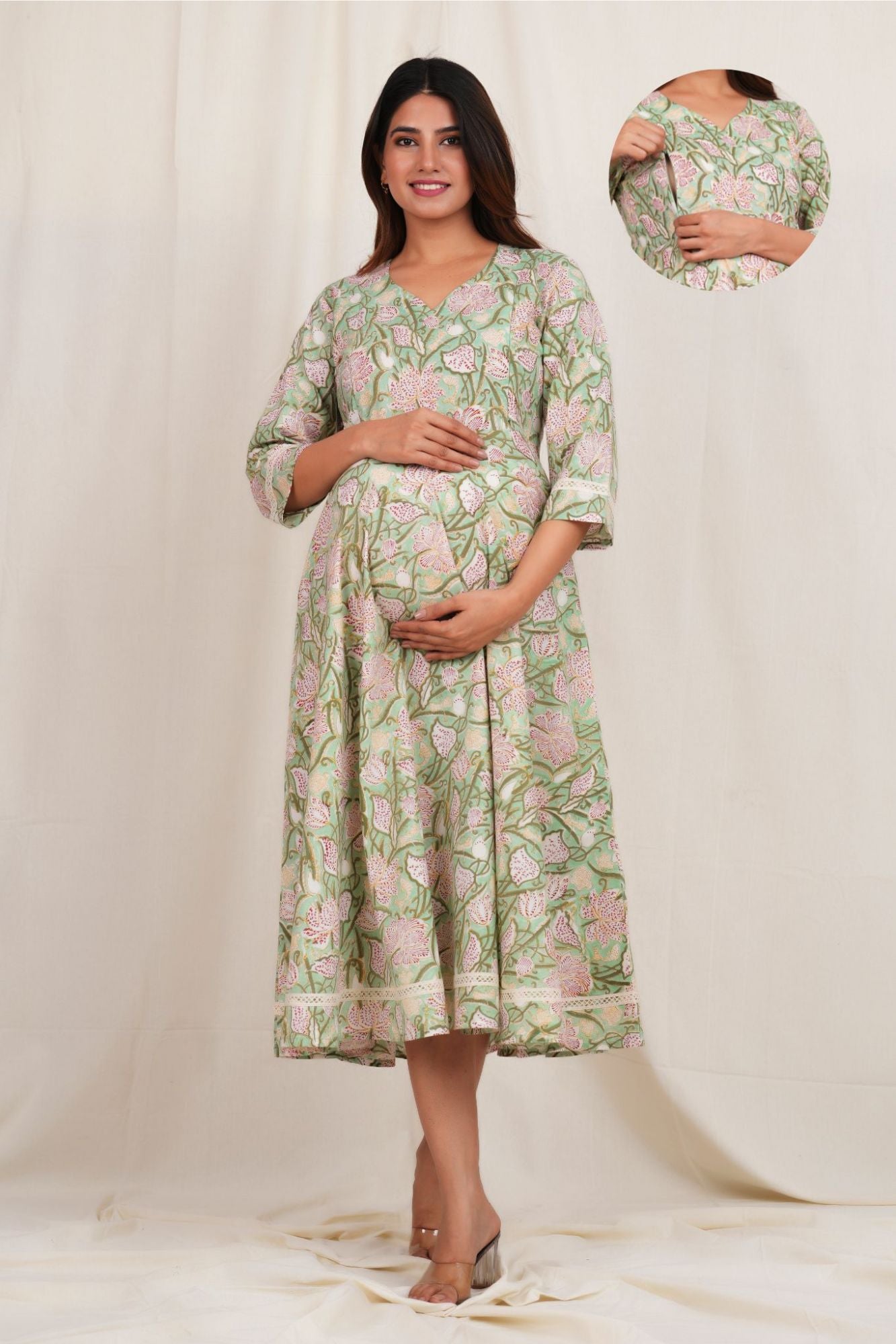 Floral Green Cotton Twin Zip Maternity Feeding Kurti Dress