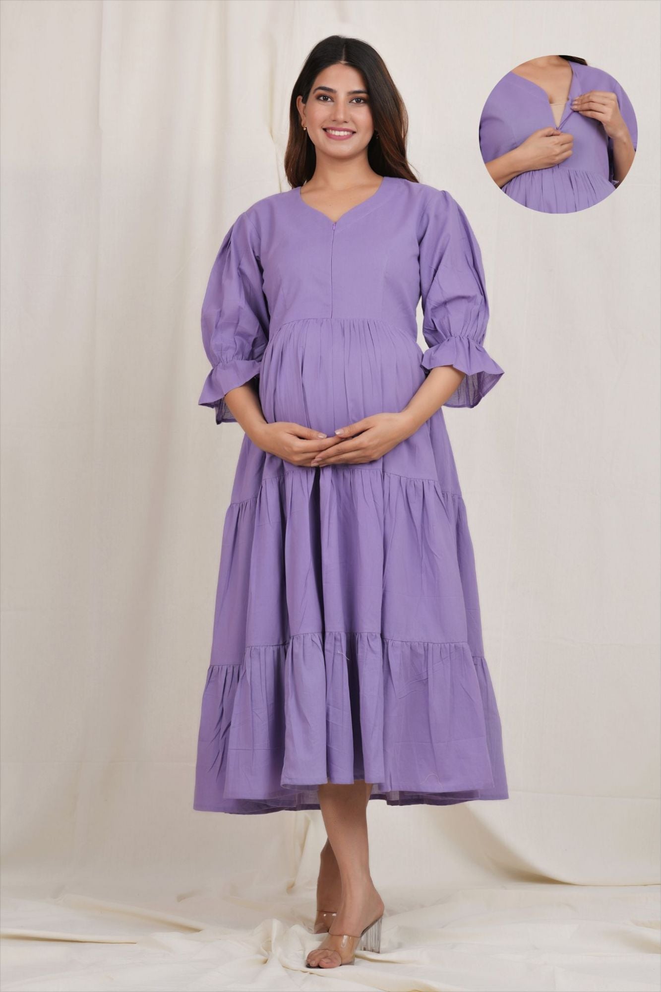 Lavender 3 Tier Cotton Maternity Nursing Dress for Feeding